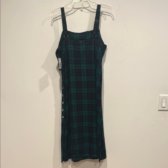 Volcom Plaid Green navy side button a line Dress large new with tags - Picture 5 of 5